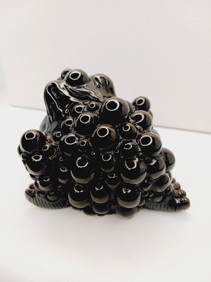 Silver sheen obsidian money toad, hand-carved with a reflective silver luster, measuring 5.5 inches, displayed on a white background.