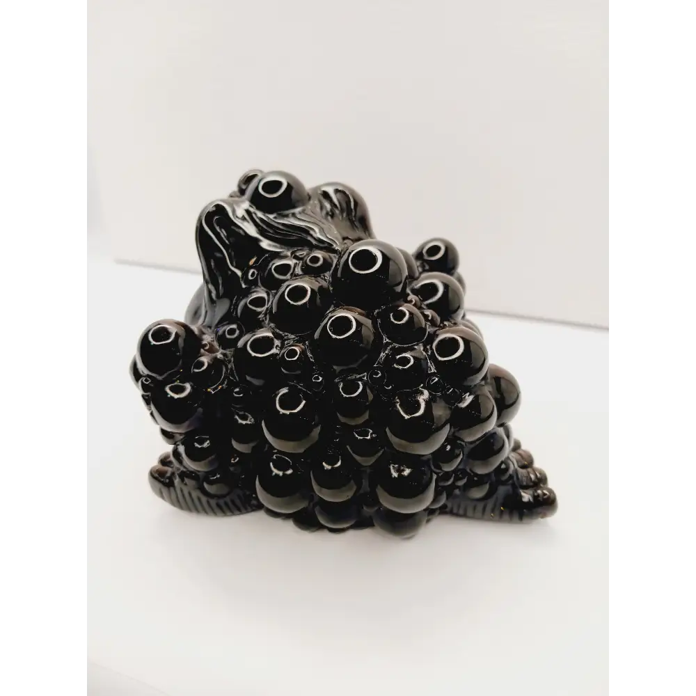 Silver sheen obsidian money toad, hand-carved with a reflective silver luster, measuring 5.5 inches, displayed on a white background.