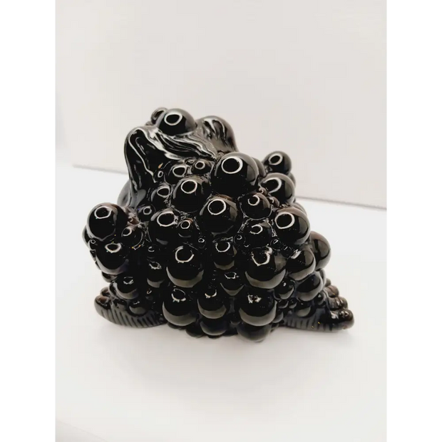 Silver sheen obsidian money toad, hand-carved with a reflective silver luster, measuring 5.5 inches, displayed on a white background.