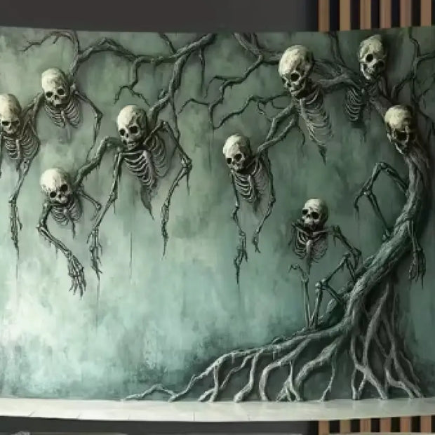 💀🌿 Skull and Vine Design Tapestry with Hanging Skeletons (70.87 x 118.1 in) – Gothic Glamour Haunted Whimsy