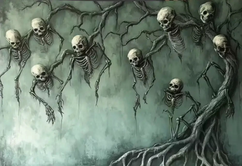 💀🌿 Skull and Vine Design Tapestry with Hanging Skeletons (70.87 x 118.1 in) – Gothic Glamour Haunted Whimsy