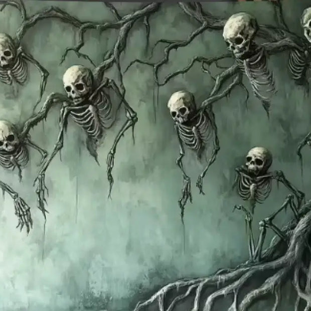 💀🌿 Skull and Vine Design Tapestry with Hanging Skeletons (70.87 x 118.1 in) – Gothic Glamour Haunted Whimsy