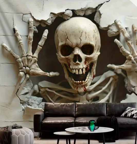 💀🕸️ Skull Coming Through the Wall Design Tapestry with Hanging Skeletons (70.87 x 118.1 in) – Haunted Drama Spooky