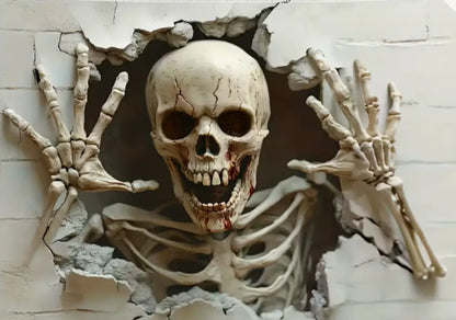 💀🕸️ Skull Coming Through the Wall Design Tapestry with Hanging Skeletons (70.87 x 118.1 in) – Haunted Drama Spooky