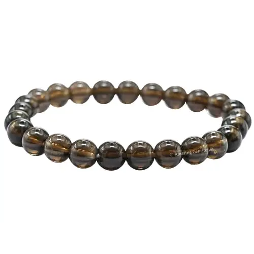Polished smokey quartz bracelet with 8mm earthy brown beads, displayed on a white background. Perfect for grounding, protection, and calm.
