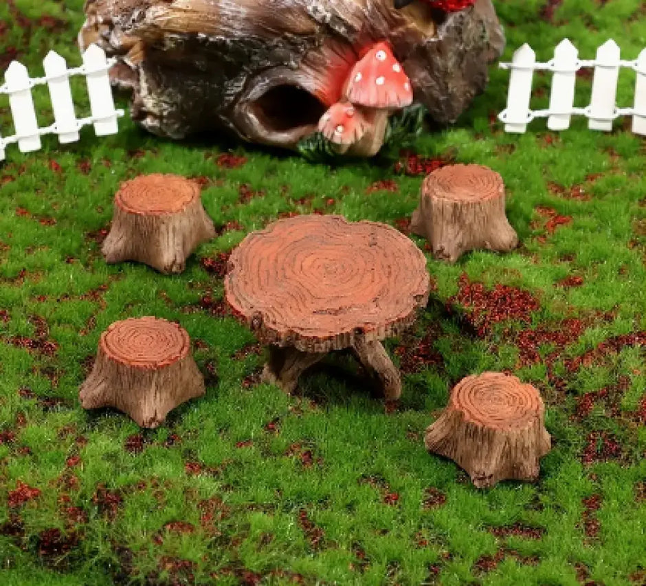 Stump Table with 4 Stools for Fairy Garden - Fairy Gardens
