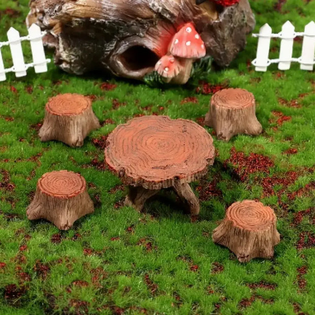 Stump Table with 4 Stools for Fairy Garden - Fairy Gardens