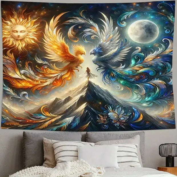 🌞🌙 Sun and Moon with Phoenix Tapestry - 60’’ x 40’’ ✨ - Tapestry