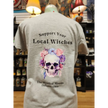 Support Your Local Witches T-Shirt – Pretty Purple Florals Skull Edition 🪄💜💀 - Grey / 2Xlarge - Clothing & Apparel