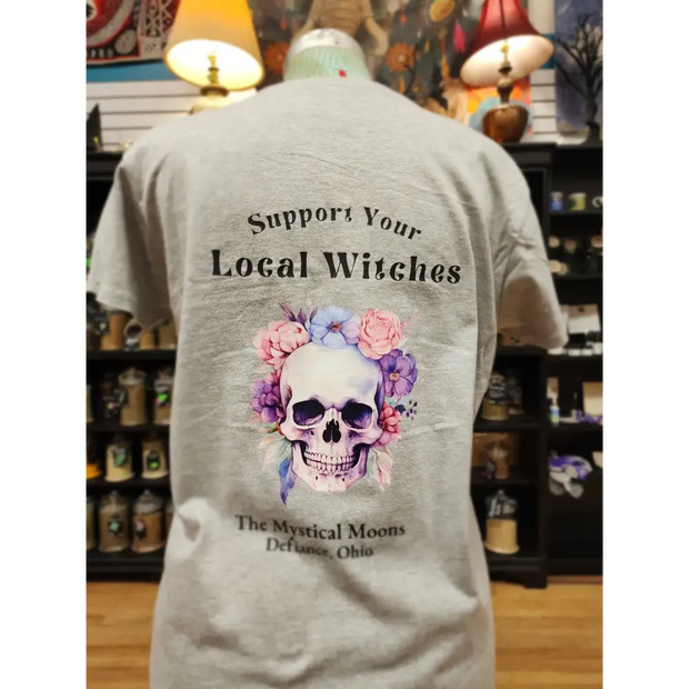 Support Your Local Witches T-Shirt – Pretty Purple Florals Skull Edition 🪄💜💀 - Grey / 2Xlarge - Clothing & Apparel