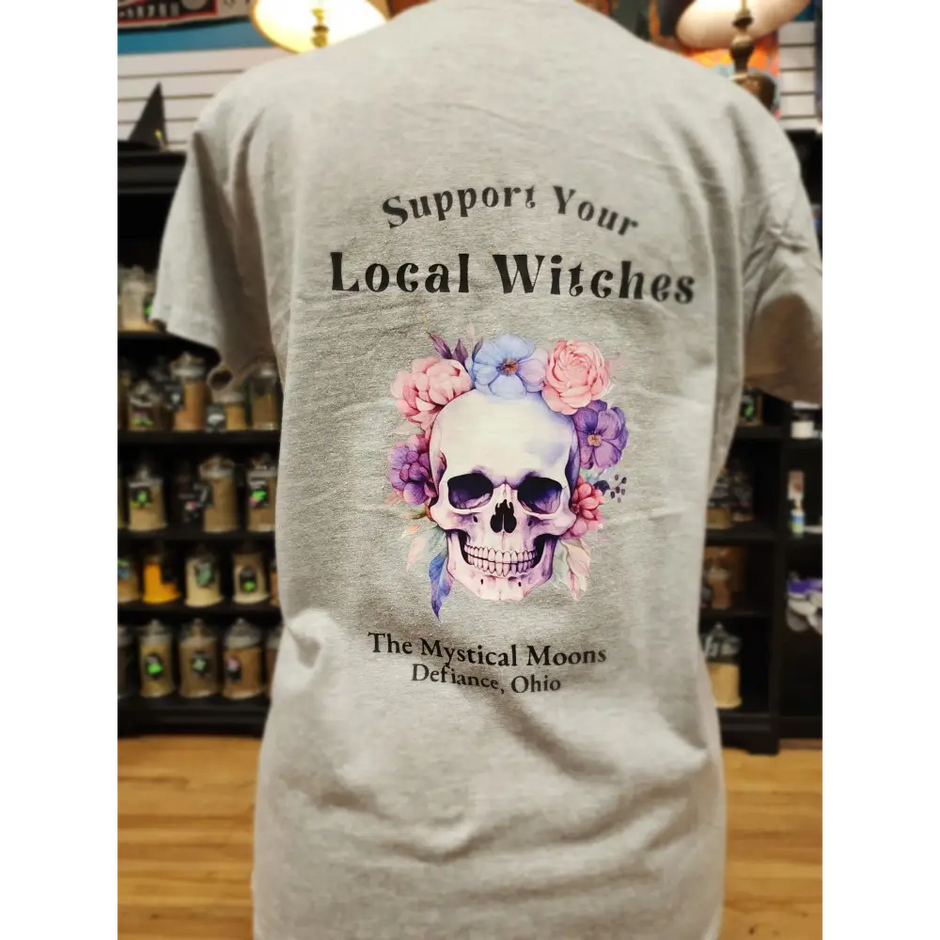 Support Your Local Witches T-Shirt – Pretty Purple Florals Skull Edition 🪄💜💀 - Grey / Large - Black - Clothing & Apparel