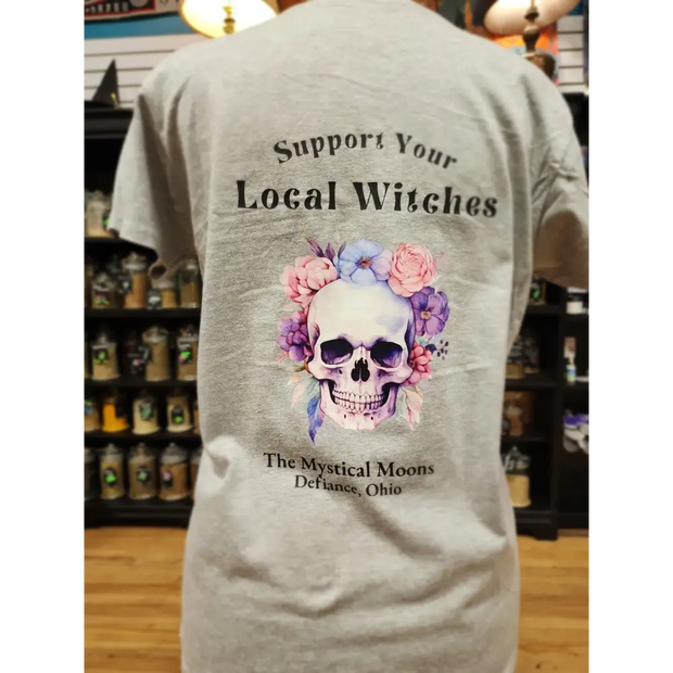 Support Your Local Witches T-Shirt – Pretty Purple Florals Skull Edition 🪄💜💀 - Grey / Large - Black - Clothing & Apparel