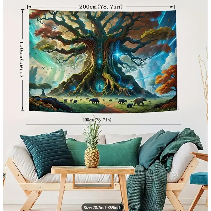 Large 79" x 59" tapestry featuring a tranquil landscape of mountains and trees, displayed on a white background. Perfect for nature magic, earthy decor, and peaceful vibes.