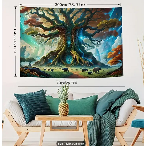 Large 79" x 59" tapestry featuring a tranquil landscape of mountains and trees, displayed on a white background. Perfect for nature magic, earthy decor, and peaceful vibes.