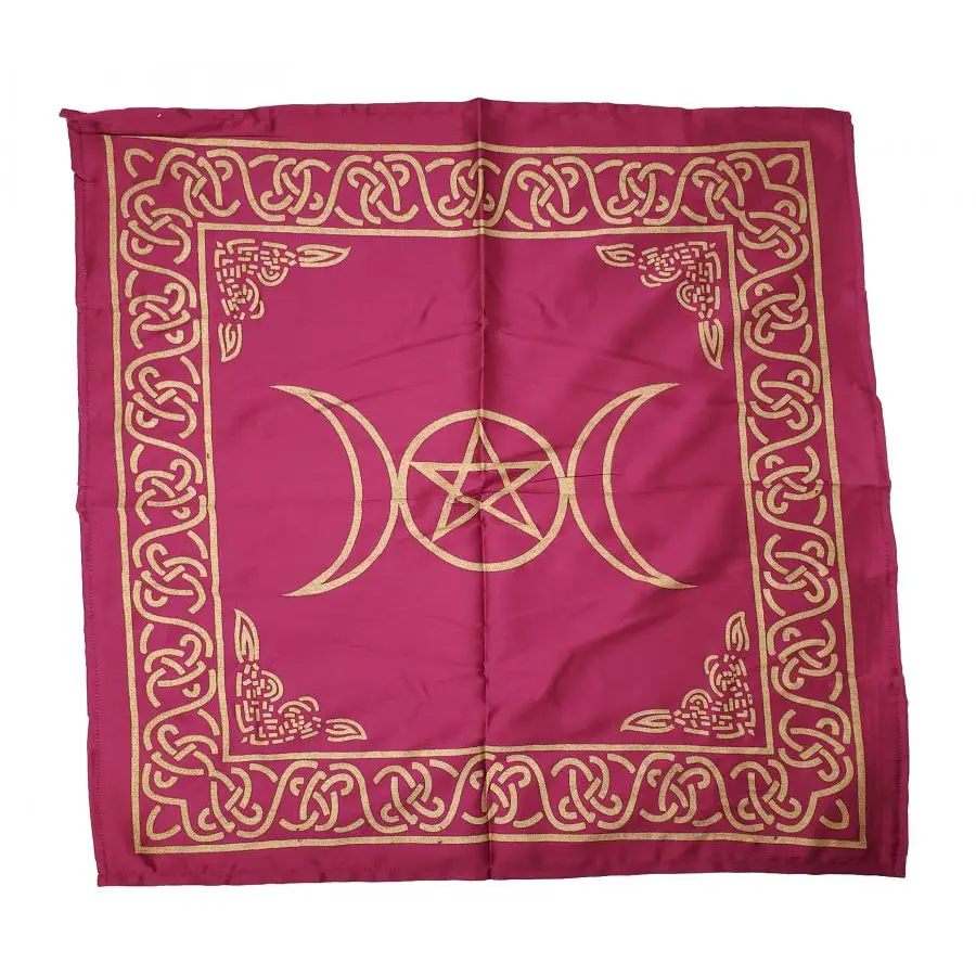 Triple Moon with Pentagram Altar Cloth Golden print on Magenta Pink 21x21’’ - Tapestry