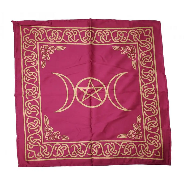 Triple Moon with Pentagram Altar Cloth Golden print on Magenta Pink 21x21’’ - Tapestry