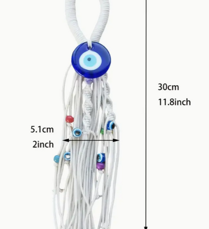 White lanyard with colorful evil eye charms and measurements on a white background