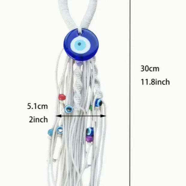 White lanyard with colorful evil eye charms and measurements on a white background