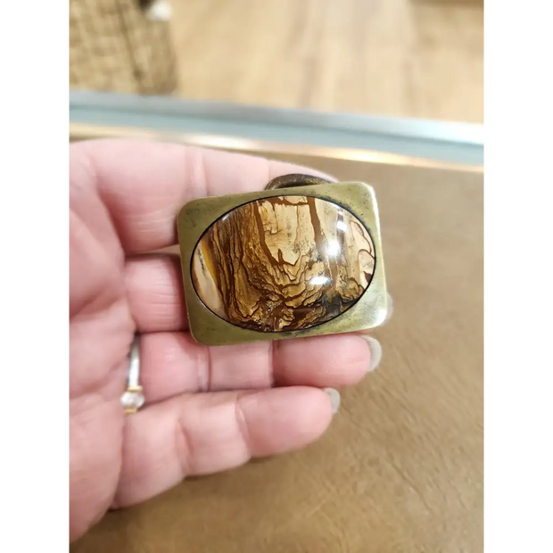 ✨🔮 Vintage Belt Buckle with Natural Crystals – Retro Style Meets Mystical Energy! 🌟 - BTS Brass with Picture Jasper