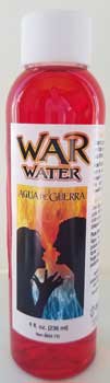 4 oz. glass bottle of War Water with a protective label, featuring dark liquid, displayed on a white background.