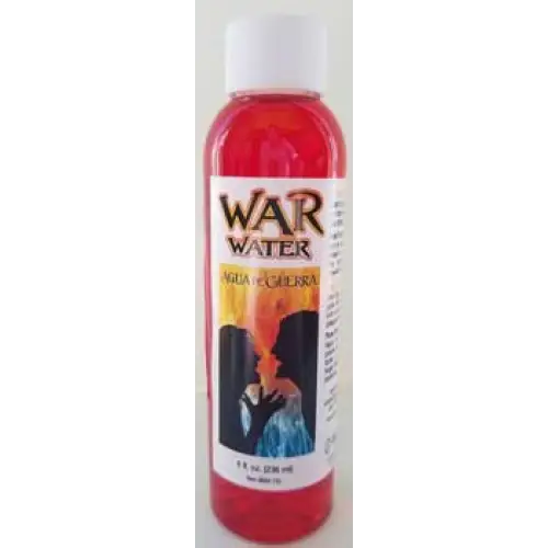 4 oz. glass bottle of War Water with a protective label, featuring dark liquid, displayed on a white background.