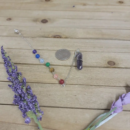 WIRE WRAPPED CRYSTAL PENDULUM W/CHAKRA CHAIN - AMETHYST - Pendulums & Mats
