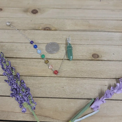 WIRE WRAPPED CRYSTAL PENDULUM W/CHAKRA CHAIN - GREEN AVENTURINE - Pendulums & Mats