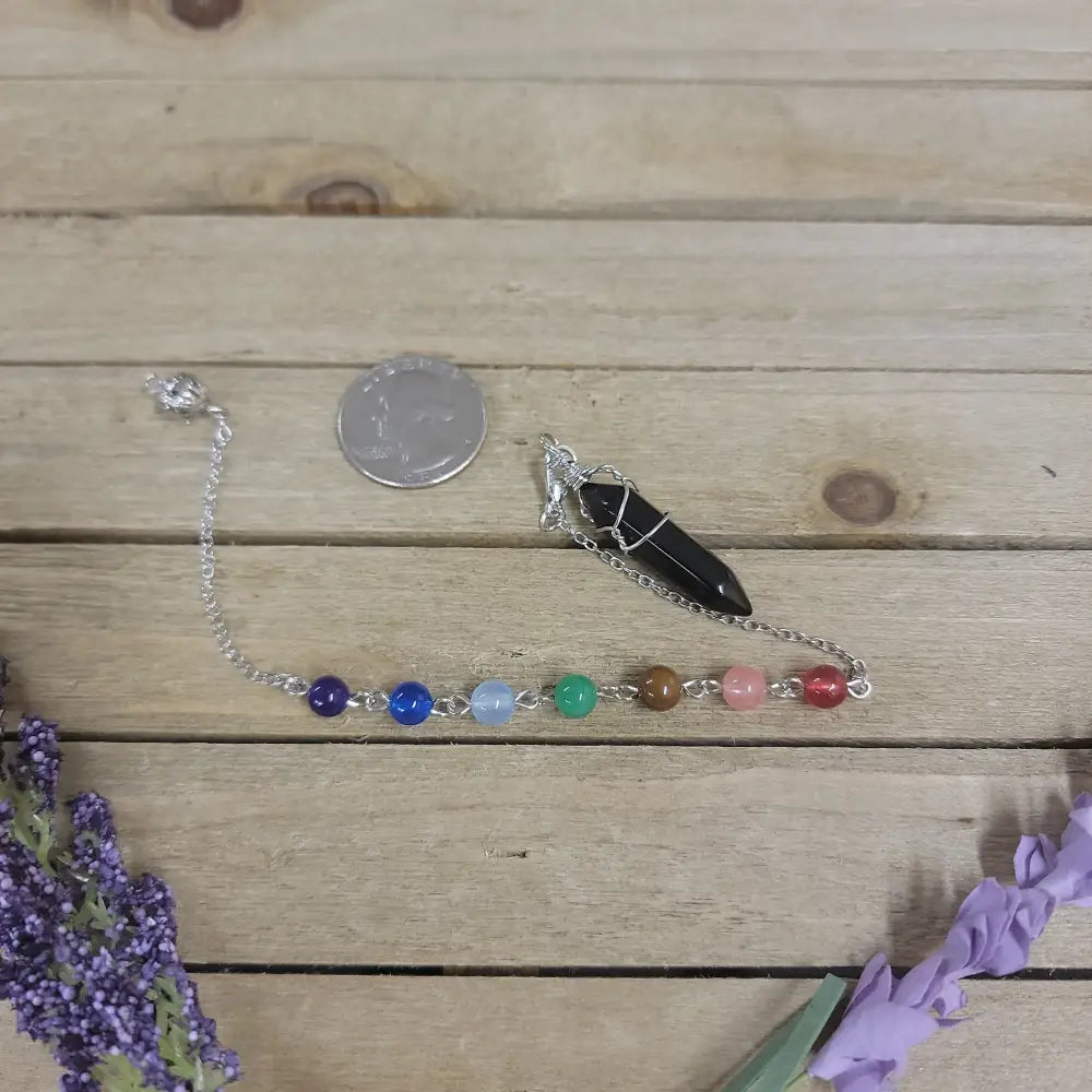 WIRE WRAPPED CRYSTAL PENDULUM W/CHAKRA CHAIN - OBSIDIAN - Pendulums & Mats