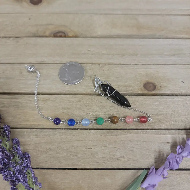 WIRE WRAPPED CRYSTAL PENDULUM W/CHAKRA CHAIN - OBSIDIAN - Pendulums & Mats
