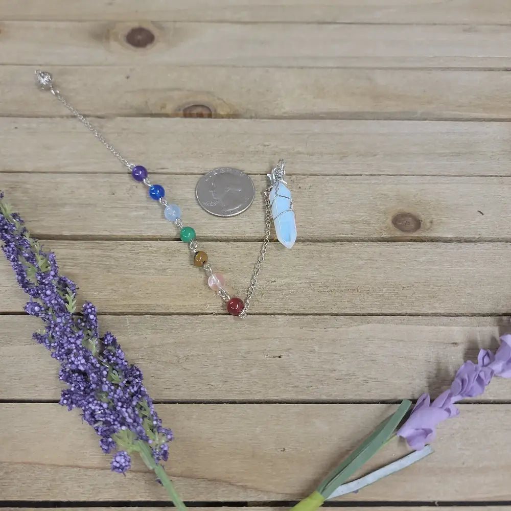 WIRE WRAPPED CRYSTAL PENDULUM W/CHAKRA CHAIN - OPALITE - Pendulums & Mats