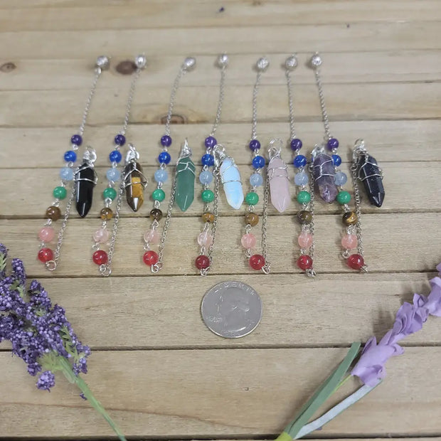 WIRE WRAPPED CRYSTAL PENDULUM W/CHAKRA CHAIN - Pendulums & Mats