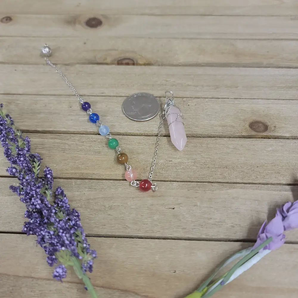 WIRE WRAPPED CRYSTAL PENDULUM W/CHAKRA CHAIN - ROSE QUARTZ - Pendulums & Mats
