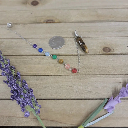 WIRE WRAPPED CRYSTAL PENDULUM W/CHAKRA CHAIN - TIGERS EYE - Pendulums & Mats