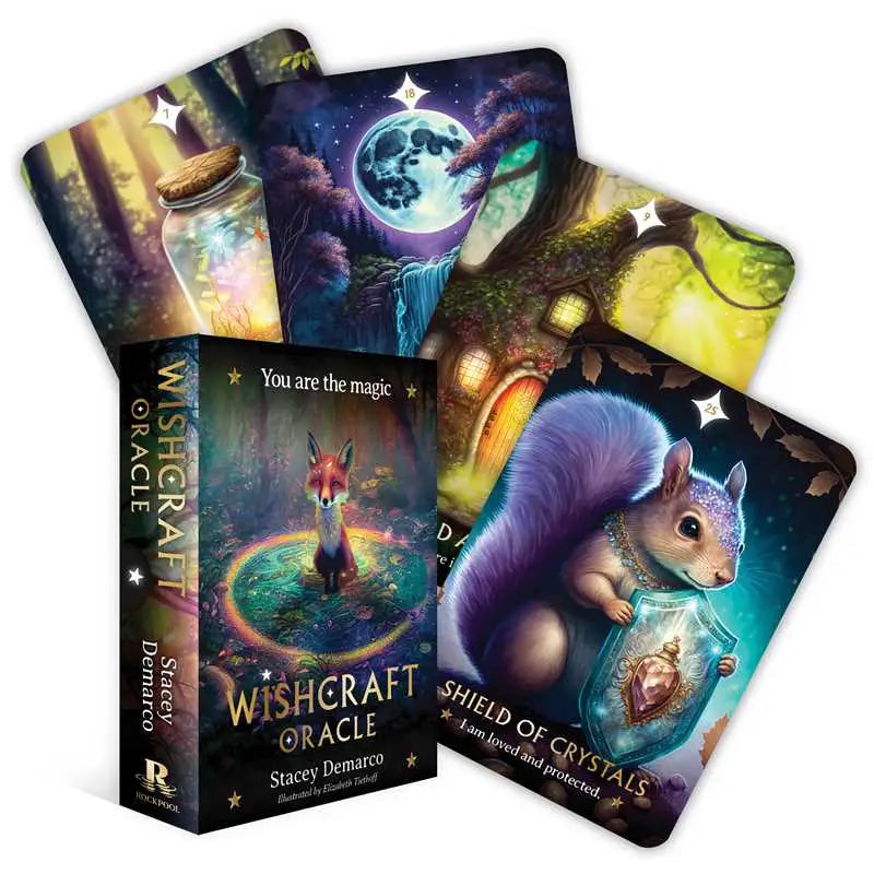 Wishcraft Oracle deck by Stacey Demarco, featuring whimsical illustrated cards and a 48-page guidebook, displayed on a white background.