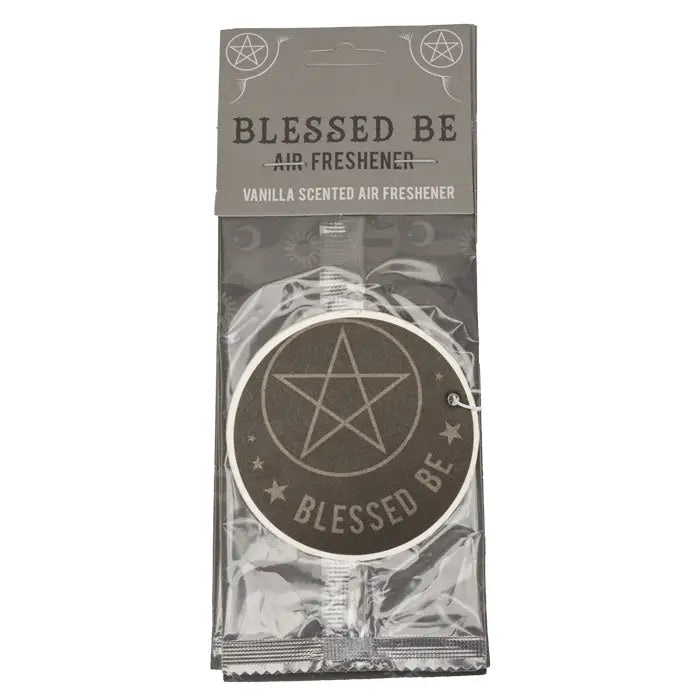Assorted witchy-themed car air fresheners featuring mystical symbols and enchanting designs, displayed in a car setting.