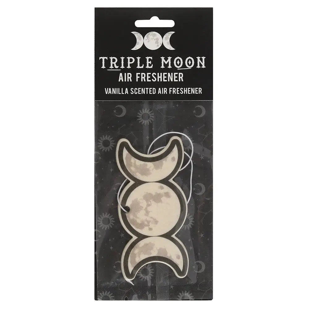 Assorted witchy-themed car air fresheners featuring mystical symbols and enchanting designs, displayed in a car setting.