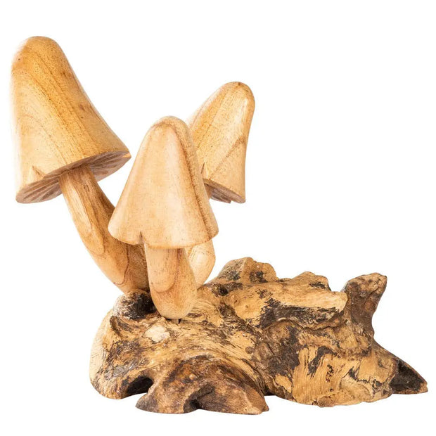 Handcarved wooden home decor featuring three mushrooms together, standing 5 inches tall, with smooth natural wood grain and detailed carving, displayed on a white background. Perfect for adding whimsical and earthy charm to any room.