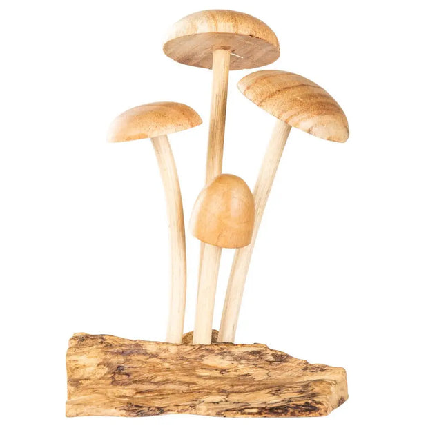 Wooden home decor carving featuring four mushrooms together, standing 6.75 inches tall, with smooth natural wood grain and detailed carving, displayed on a white background. Perfect for adding whimsical and earthy charm to any room.

