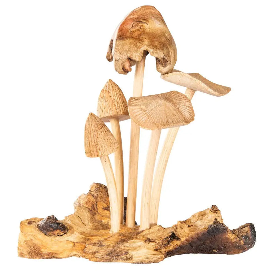 Wooden home decor carving featuring five mushrooms together, standing 6.75 inches tall, with smooth natural wood grain and detailed carving, displayed on a white background. Perfect for adding whimsical and earthy charm to any room.