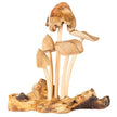 Wooden home decor carving featuring five mushrooms together, standing 6.75 inches tall, with smooth natural wood grain and detailed carving, displayed on a white background. Perfect for adding whimsical and earthy charm to any room.