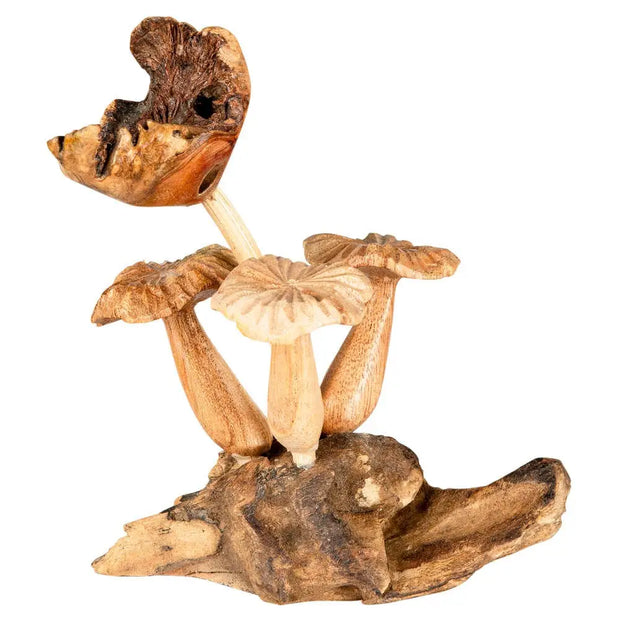 Set of three wooden mushroom home decor pieces, each 5.5 inches tall and 4 inches wide, with smooth, natural wood grain, displayed on a white background. Perfect for adding whimsical and earthy charm to any room.