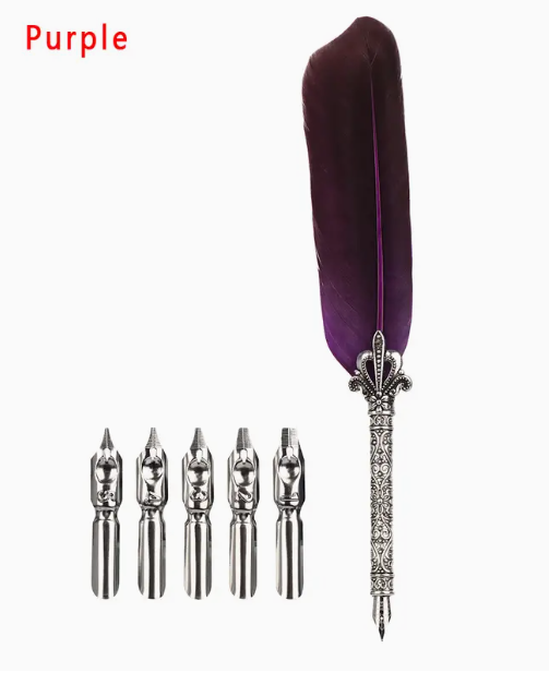 Writing Quill in Gorgeous Colors - Feather 5 NIbs Pen - Purple - Supplies & Paper