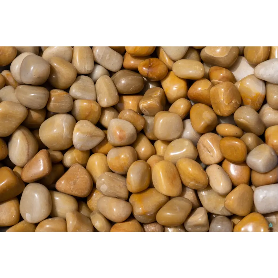 Polished yellow aventurine tumble with warm golden hues, displayed on a white background. Perfect for optimism, empowerment, and solar plexus energy.