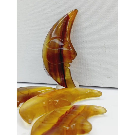 🌙💛 Yellow Fluorite Moon 2.75–3 Inch – Joy Clarity and Lunar Magic ✨ - Carvings