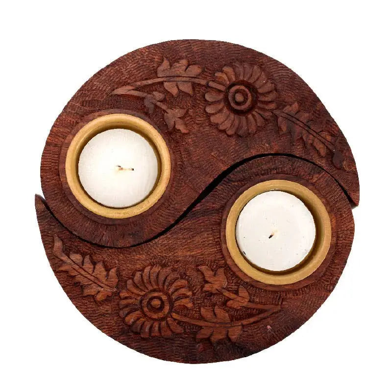 Yin Yang Wooden Tea Light Holder (2 Pieces) - Incense & Burners